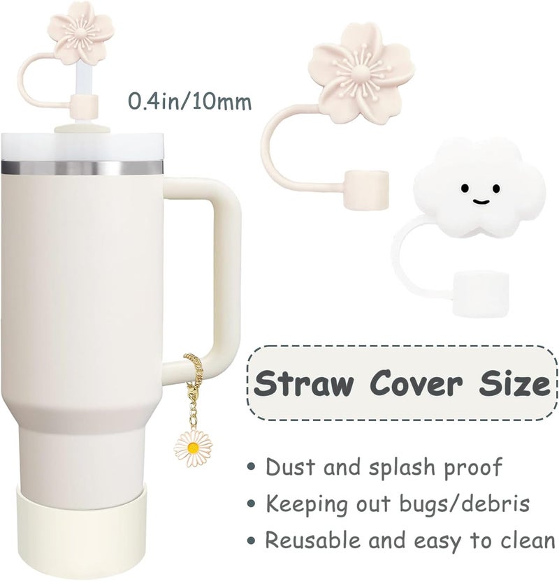 vikgle Stanley Cup Accessories Set,Including 2 Pcs 0.4in Straw Cover, 1 Silicone Spill-Proof Stopper Set of 3, 1 Cute Flower Handle Charm, 1 Silicone Boot Fits Stanley 40&30 Oz Tumbler (Cream) - Image 2